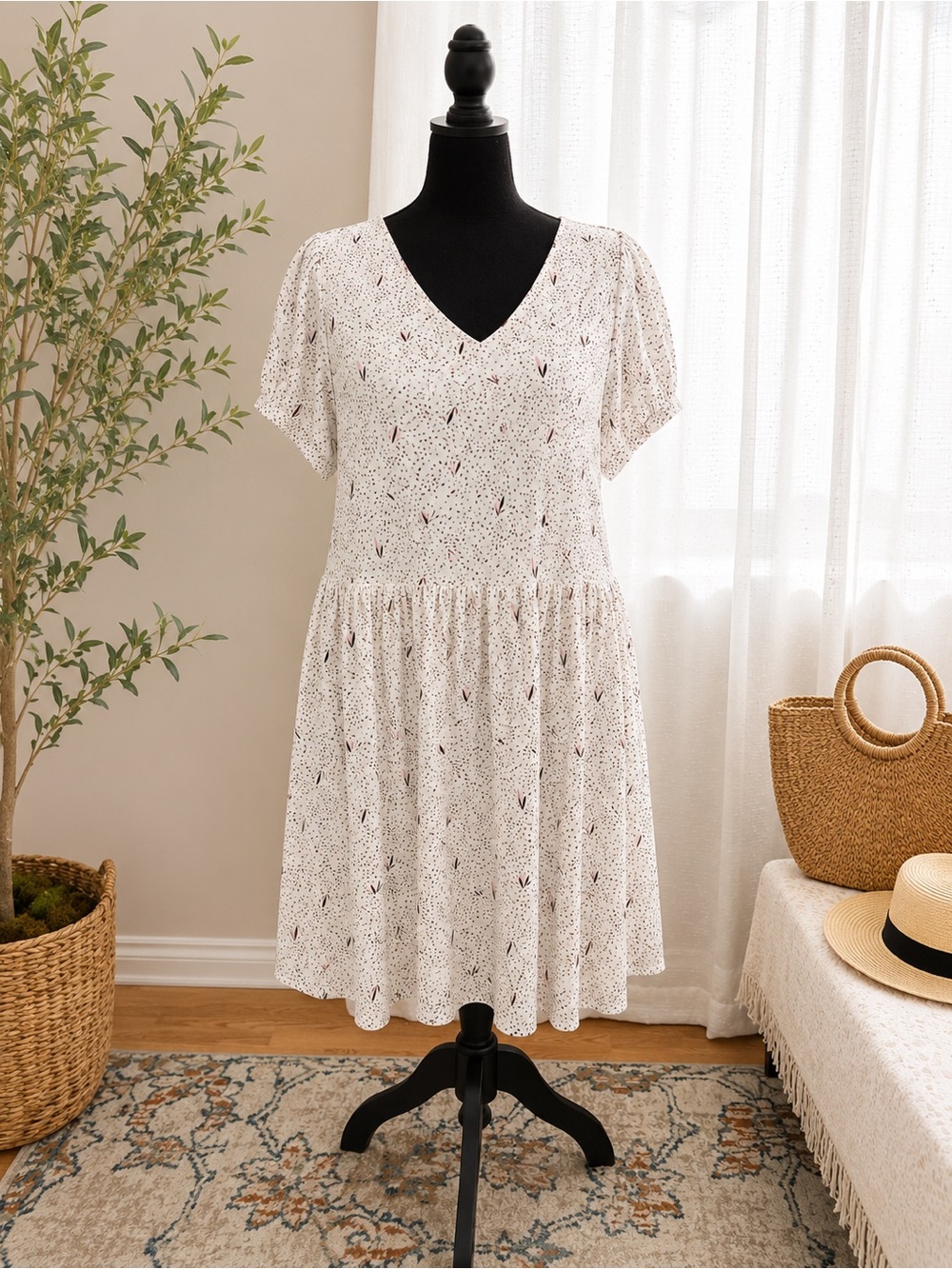 Ivory V-Neck Midi Dress with Delicate Dot & Floral Accent
